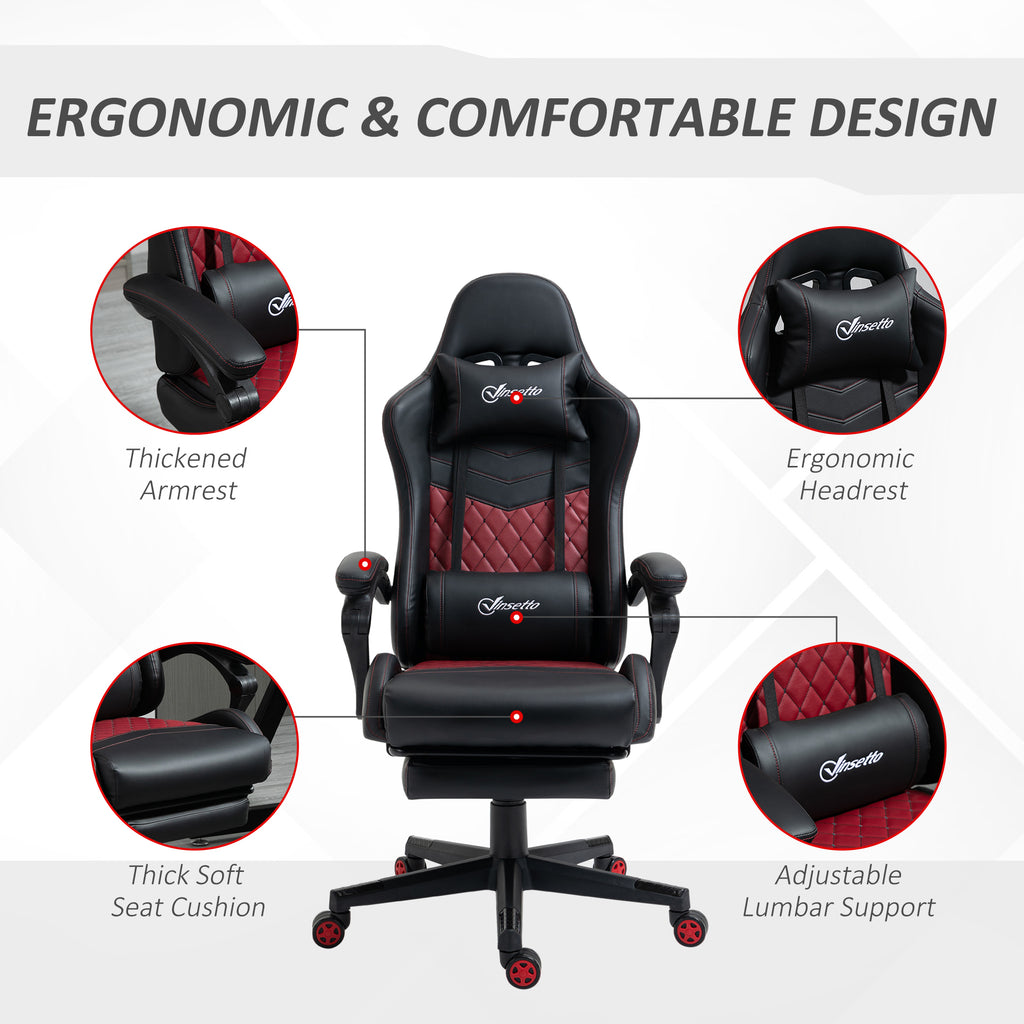 Racing Gaming Chair Diamond PU Leather Office Gamer Chair High Back Swivel Recliner with Footrest, Lumbar Support, Adjustable Height, Black