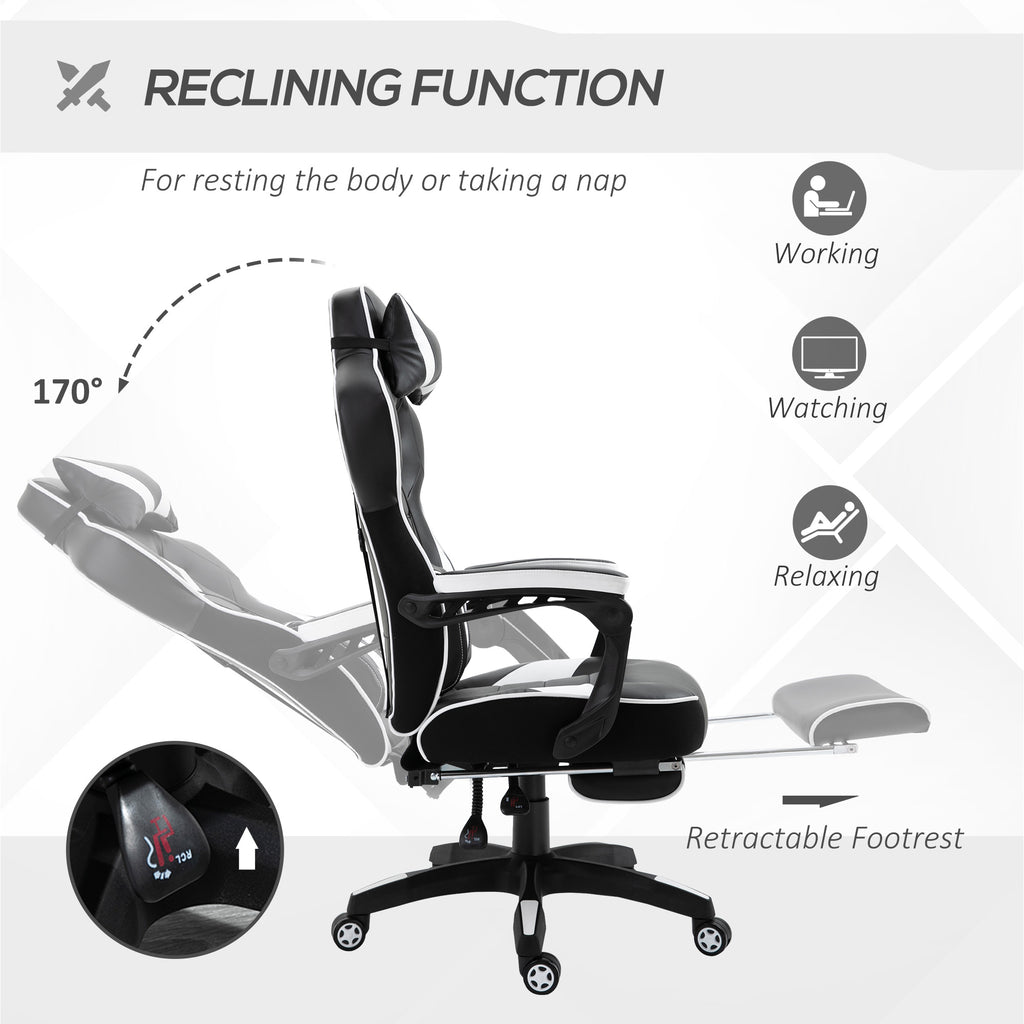 Vinsetto Computer Gaming Chair, Racing Desk Chair With Lumbar Support And Footrest, PU Leather Gamer Chair With Headrest And Swivel Wheels For Home, White