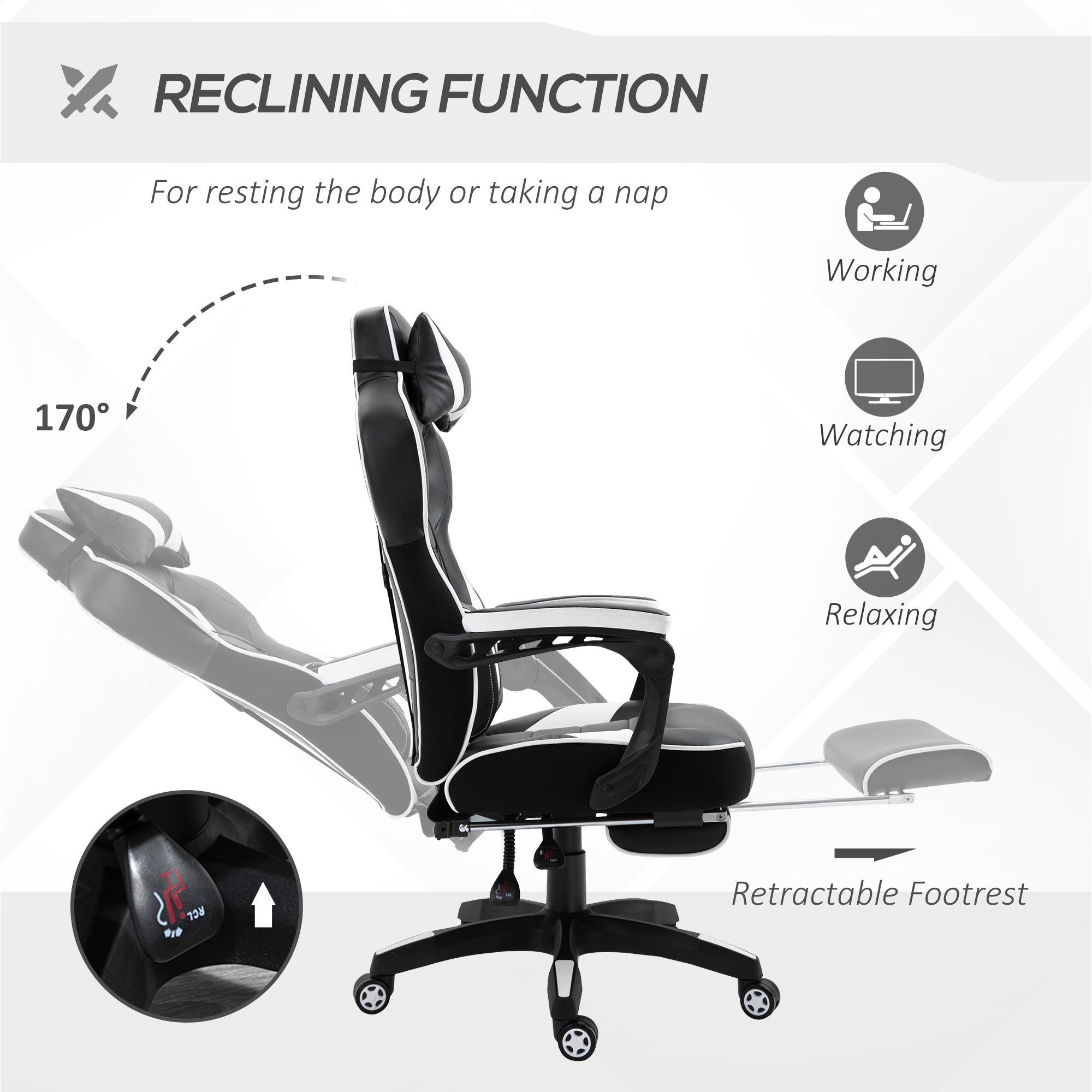 Vinsetto Computer Gaming Chair, Racing Desk Chair With Lumbar Support And Footrest, PU Leather Gamer Chair With Headrest And Swivel Wheels For Home, White