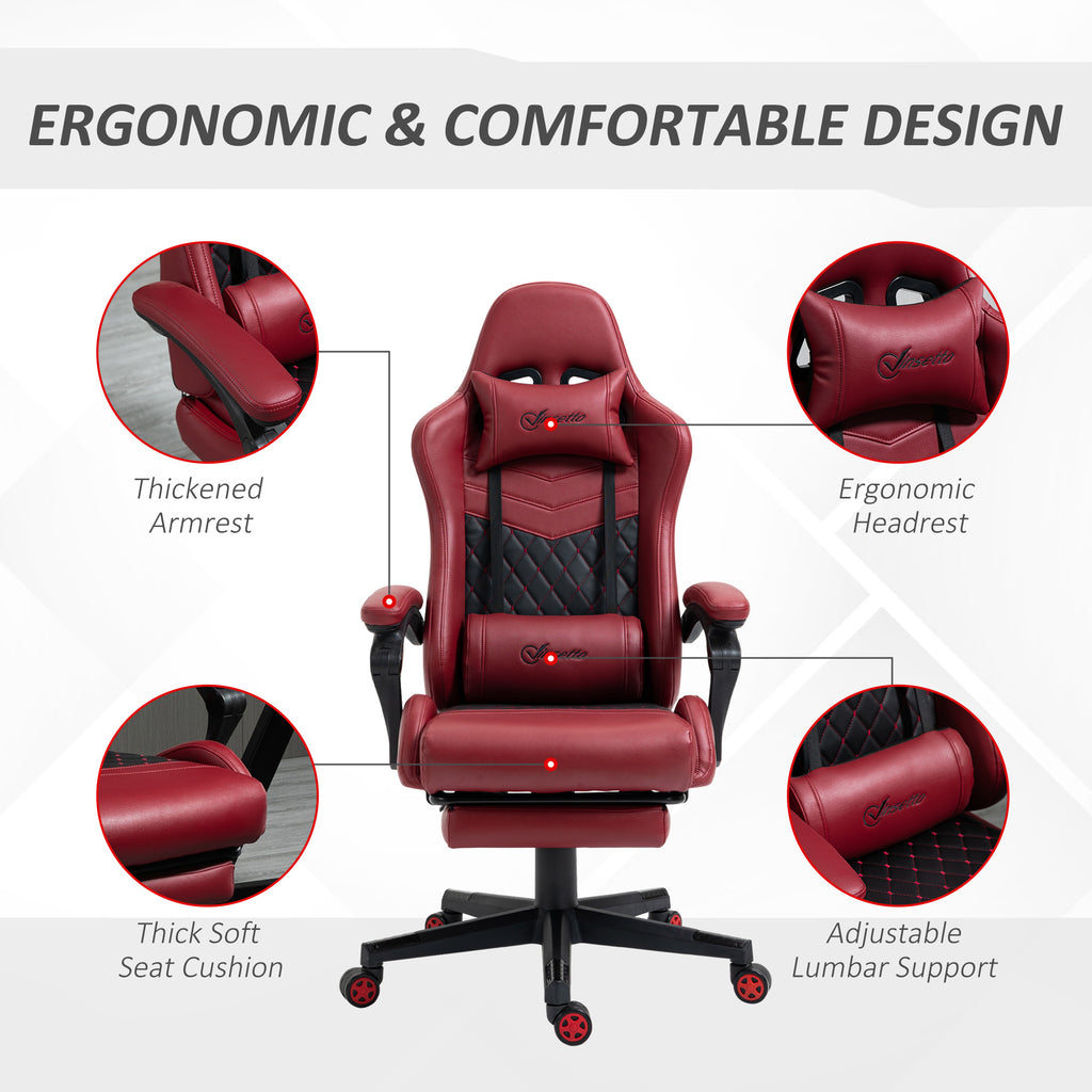 Racing Gaming Chair Diamond PU Leather Office Gamer Chair High Back Swivel Recliner with Footrest, Lumbar Support, Adjustable Height, Red