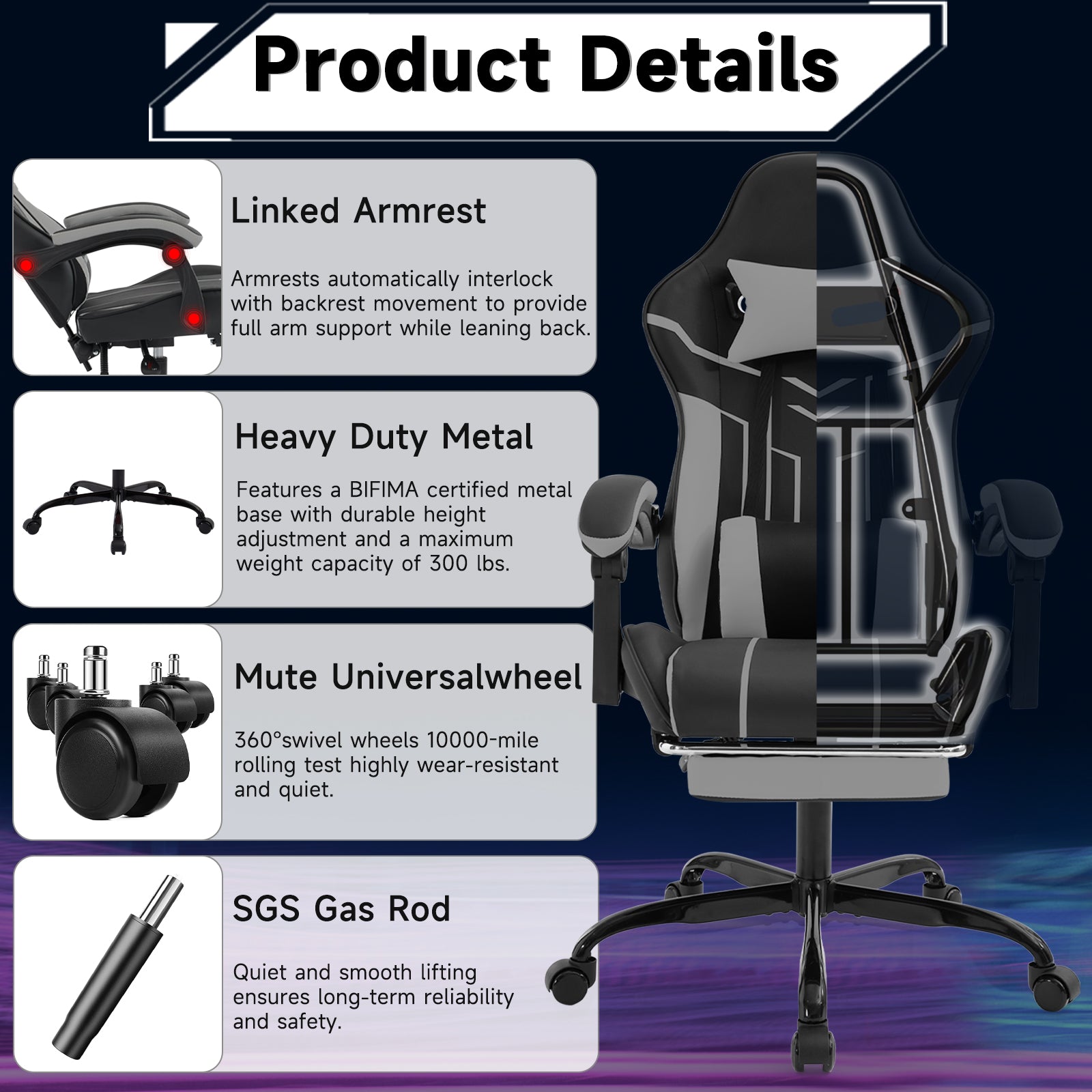 Gaming Chair, Computer Chair Ergonomic Chair With Footrest Office Chair Ergonomic Computer Chair With Lumbar Backrest Blackgray