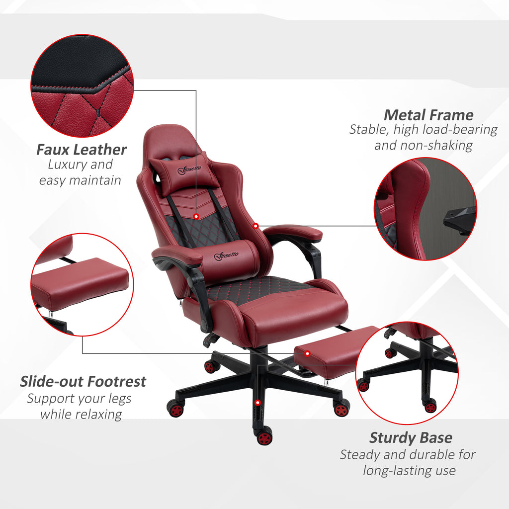 Racing Gaming Chair Diamond PU Leather Office Gamer Chair High Back Swivel Recliner with Footrest, Lumbar Support, Adjustable Height, Red