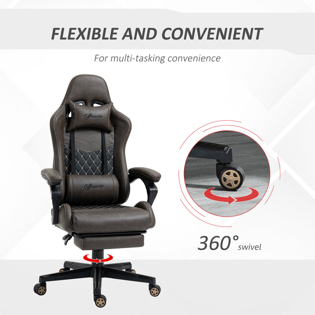 Racing Gaming Chair Diamond PU Leather Office Gamer Chair High Back Swivel Recliner with Footrest, Lumbar Support, Adjustable Height, Brown