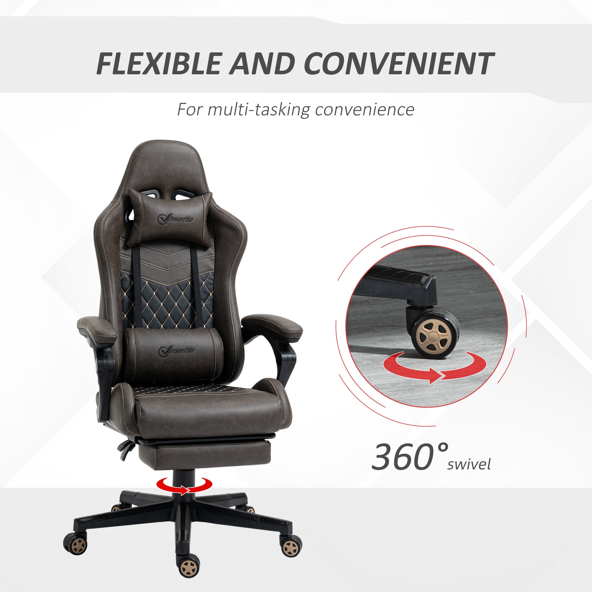 Racing Gaming Chair Diamond PU Leather Office Gamer Chair High Back Swivel Recliner with Footrest, Lumbar Support, Adjustable Height, Brown