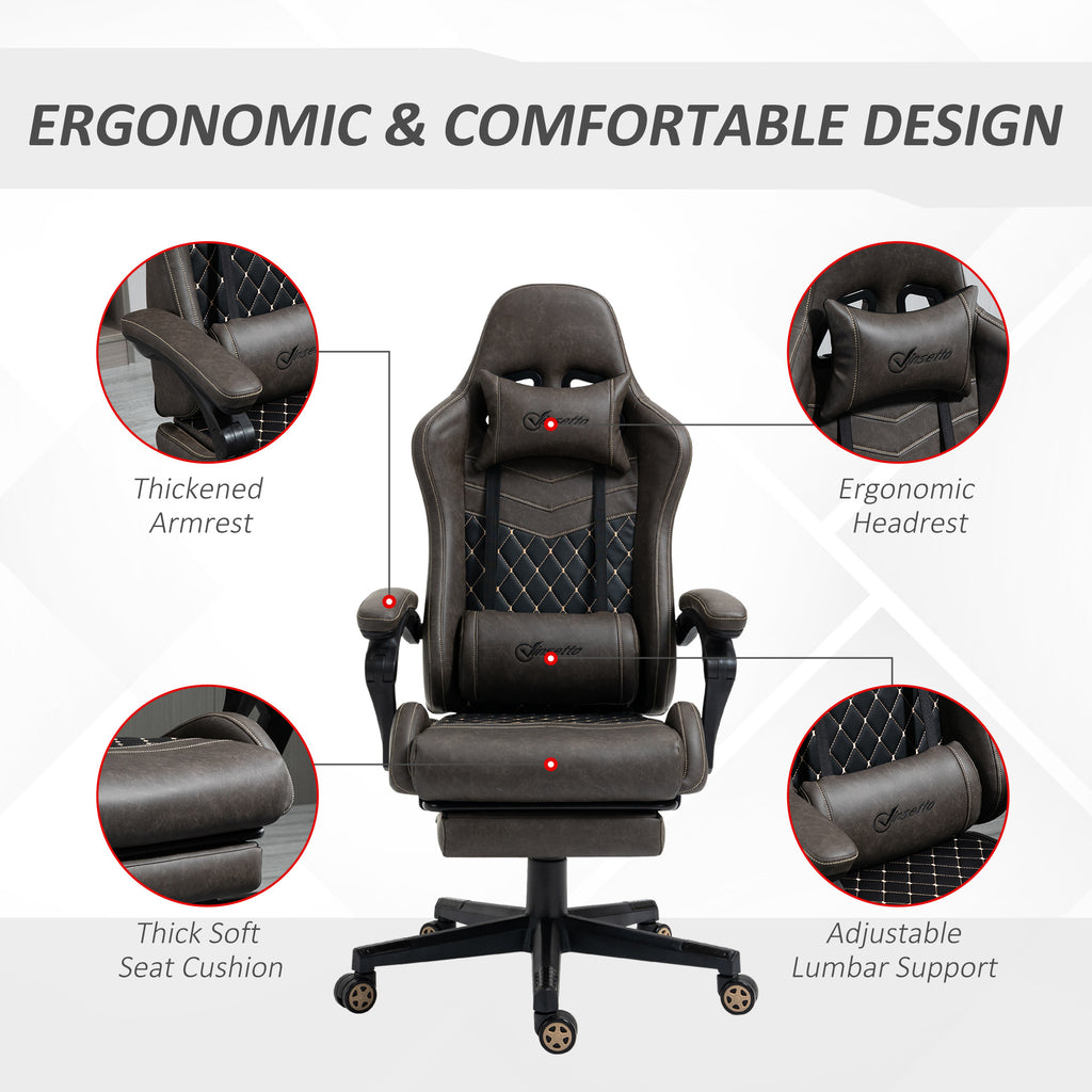 Racing Gaming Chair Diamond PU Leather Office Gamer Chair High Back Swivel Recliner with Footrest, Lumbar Support, Adjustable Height, Brown