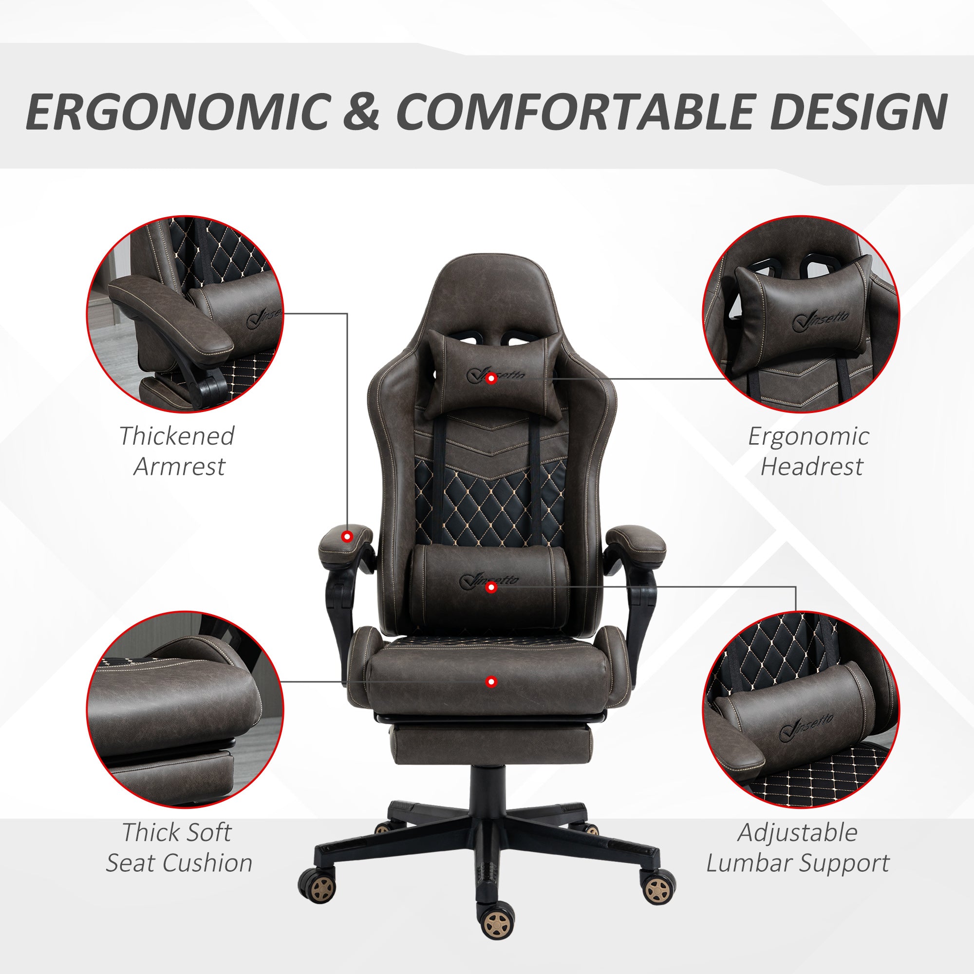 Racing Gaming Chair Diamond PU Leather Office Gamer Chair High Back Swivel Recliner with Footrest, Lumbar Support, Adjustable Height, Brown