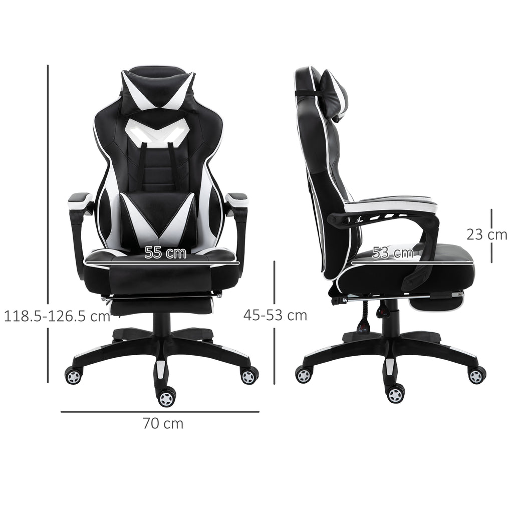 Vinsetto Computer Gaming Chair, Racing Desk Chair With Lumbar Support And Footrest, PU Leather Gamer Chair With Headrest And Swivel Wheels For Home, White