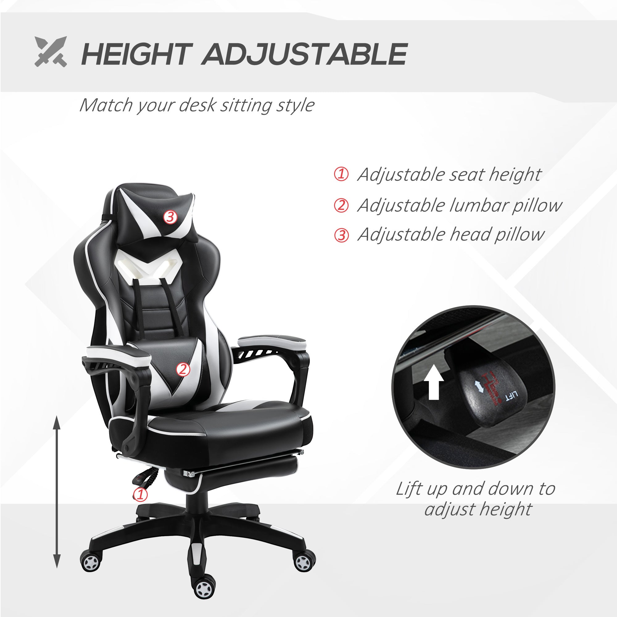 Vinsetto Computer Gaming Chair, Racing Desk Chair With Lumbar Support And Footrest, PU Leather Gamer Chair With Headrest And Swivel Wheels For Home, White
